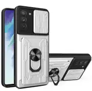 case For Samsung S21 Fe Slide Camera Lens Protection and Built in 360 Rotatable Ring Holder - White