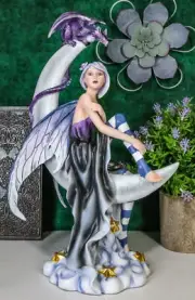Ebros Large Celestial Crescent Moon Fairy With Pet Dragon Figurine 13"H