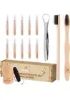 Bamboo Toothbrushes Set - Holder, Floss, Interdental Brushes & Tongue Scraper