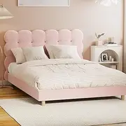 [OIKITURE] Bed Frame Double Bed with Tufted BedHead and Boucle Fabric Mattress Platform Pink