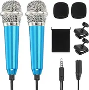 uxcell 2Pcs Mini Microphone, Mic Tiny Microphone with Sponge Cover, Holder and Drawstring Bag Portable for Karaoke Voice Video Recording Singing (Blue)