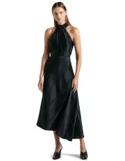 [Cue] Satin Acetate Halter Midi Dress in Black