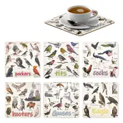 Set of 6 Funny Bird Pun Coasters Square Drink Cup Pad for Home Kitchen Bar Decor