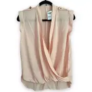 NWT Charlotte Russe M Faux Wrap Top Blouse Pink Chiffon Draped Open Front Shirt