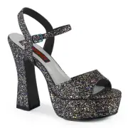 PLEASER BLACK MULTI GLITTER 5" PLATFORM CHUNKY HEEL SANDAL Sz 6 7 8 9 10 13