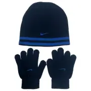 Nike Boys Blue Knit Beanie Hat & Gloves Cold Weather Set
