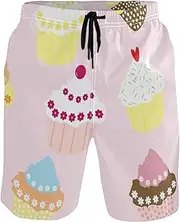 [GuoChe] Men's Beach Shorts Cute Cupcakes Pink Quick Dry Bathing Suits Beach Swim Shorts Bathing Suits Mesh Lining