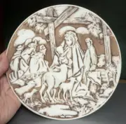 Vintage Fenton Nativity Scene Brown & White Round Christmas Plate Signed