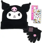 [Sanrio] Kuromi Hat and Mittens Set Winter Gear Bundle with Kuromi Beanie, Mittens, Stickers, More | Kuromi Gifts for Girls, Kids, Multicolor