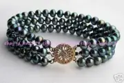 Charming Genuine Natural 3 Rows 6-7MM Black Cultured Pearl Bracelet 7.5"