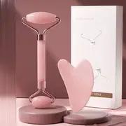 Fondes - Resin Face Massage Roller / Gua Sha Scraper / Set With Chinese Instructions - Box Set - Double Roller & Heart - Pink - One Size