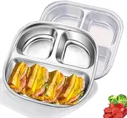 Stainless Steel Divided Plates Traywith Lids, 3 Section Metal Plate, Compact Serving PlatterDinner Dishes Snack,Picky Eaters, Campers,Picnic and Portion Control, BPA Free,Silver, 2 Pack (2)
