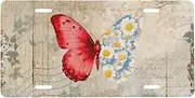 Floral Red Butterfly Daisy Flower License Plate Frame for Car Universal, Flower Colorful Aluminum Car Front License Plate Cover