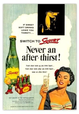 VINTAGE AD MAGNET-SQUIRT SODA POP NEVER AN AFTER-THRIST-OLD AD MAGNET
