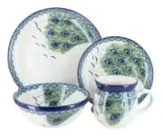 Blue Rose Polish Pottery Peacock Feather 4 Piece Place Setting - Service for 1