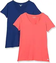 [Amazon Essentials] Women's Tech Stretch Short-Sleeve V-Neck T-Shirt (Available in Plus Size), Pack of 2, Coral Orange/Navy, Medium
