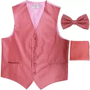 New Men's Formal Vest Tuxedo Waistcoat_bowtie & hankie set stripes coral prom