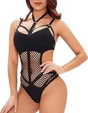 [Xiaojian] Women One Piece Mesh Swimsuit Halter Cutout Swimwear Black Tied Sexy Bikini Swimsuit