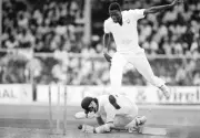 Mark Waugh of Australia is run out for 49 by Curtly Ambrose of Wes- Old Photo