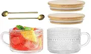 Emapoy 2pcs Set Vintage Coffee Mugs, Overnight Oats Containers with Bamboo Lids and Spoons, 450ml Clear Embossed Glass Cup for Latte, Oats, Cereal, Yogurt and Milk