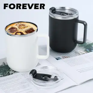 【日本FOREVER】304不鏽鋼雙層保溫馬克杯/茶杯420ml-黑色(附蓋)2入