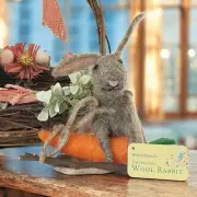 World Market Brown Felted Wool Easter Bunny Spring Rabbit Swinging on a Carrot