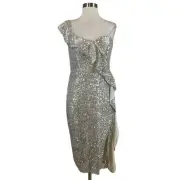 Aidan Mattox Women's Cocktail Dress Size 12 Gold Sequined One Shoulder Sheath