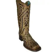 Corral Ladies Straw Brown Studded Boot w/ Bronze & Black Laser Inlay E1623