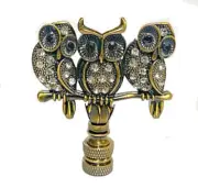 3 OWL LAMP SHADE FINIAL ANTIQUE BRASS W/CRYSTAL BEADS... 1/4-27 FINIAL THREAD