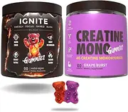 Creatine Monohydrate & Ignite Pre-Workout Gummies Twin Pack – High-Potency Creatine (4000mg) & Energy Blend with Caffeine, L-Carnitine, in Grape & Mixed Berry Flavors