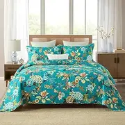 ENASAL Cotton Bedspread Quilt Sets Reversible Bedding Coverlet Sets Comforter, Vintage Floral with Peacock Pastoral Turquoise Bedspread, King Size