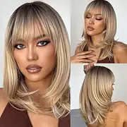 Kellynee Ombre Blonde Wig with Bangs - Medium Length Straight Blonde Wigs with Dark Roots for Women, Realistic Synthetic Hair, Best Natural Wigs for Everyday/Halloween/Party/Cosplay