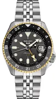 New Seiko 5 Five Sports SSK021 SKX GMT Automatic Watch 100m Gold Bezel