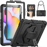 [SEYMAC] Case for Samsung Galaxy Tab S6 Lite 10.4'' 2024/2022/2020 (SM-P620/P610/P615), Heavy Duty Full-Body Shockproof Protective Case with Screen Protector, Rotating Stand, Hand/Shoulder Strap, Black