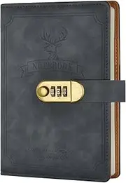 Shesyuki Literary Vintage Leather Notebook with Lock, Embossed Pattern Elk Fawn Diary for Writing, A5 Notebook with Lined Paper for Women & Men