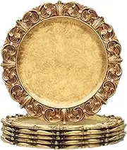 MAONAME 14" Antique Gold Charger Plates with Embossed Rims, Set of 6, Plastic Plate Chargers for Dinner Plates, Table Setting