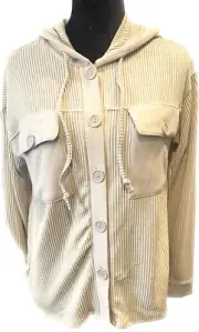 Vibe Sportswear Hooded Button Front Long Sleeve Beige Top Shirt Women Sz XS NEW
