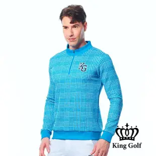 【KING GOLF】男款中厚款小立領滿版千鳥格圖形長袖POLO衫/高爾夫球衫(湖水綠)