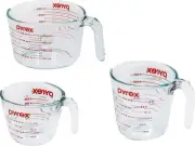 Pyrex 3 Piece Measuring Cup Set, 1, 2, And 4 Tempered Glass Liquid Measuring And