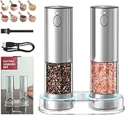 BGFOX Electric Salt and Pepper Mills Set of 2 Stainless Steel Automatic Spice Pepper Grinder with Adjustable Coarseness, USB Cable, LED Light, Brush, Storage Base, One Hand Operation