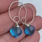 Min Favorit Swiss Blue Quartz Cushion Bead & Silver Pl Artisan Looped Earrings