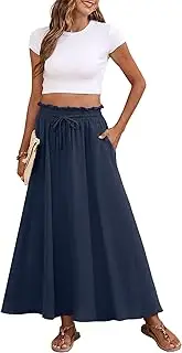 [Askyes] Womens Maxi Skirt Summer Tie Knot Elastic High Waisted Boho Casual Beach Flowy Swing Long Skirts with Pockets, Navy Blue, Small