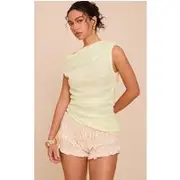 Pale Lime Sequin Ruched Drape Long Top, Pale Lime