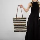 Striped Straw Beach Bag Bohemian Summer Shoulder Bag for Women (Light Brown)