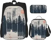 [StOlmx] 3 Pcs Set Backpack,Waterproof Bookbag, Insulated Lunch Bag & Pencil Case Pouch, Travel,Hiking,Wilderness Fox Art Print, Wilderness Fox Art, One Size