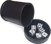 (6) 16mm White Dice Squared Corners + PU Leather Black Felt Lined Dice Cup Lid