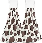 Fall Hand Towel with Hanging Loop Brown White Cow Print Bathroom Tie Towels Set of 2, Absorbent Soft Home Decor Kitchen Towel, 18.2 x 14 Inch