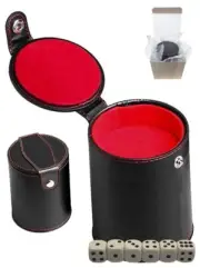 (6) 16mm Bone Tone Dot Dice + PU Leather Red Felt Lined Dice Cup w/Compartment