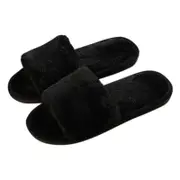 Nevenka Womens Fuzzy Slippers Open Toe Cozy Memory Foam Sandals-Furry Black