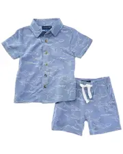 Andy & Evan 2pc Shark Print Matching Button-Down Short Set